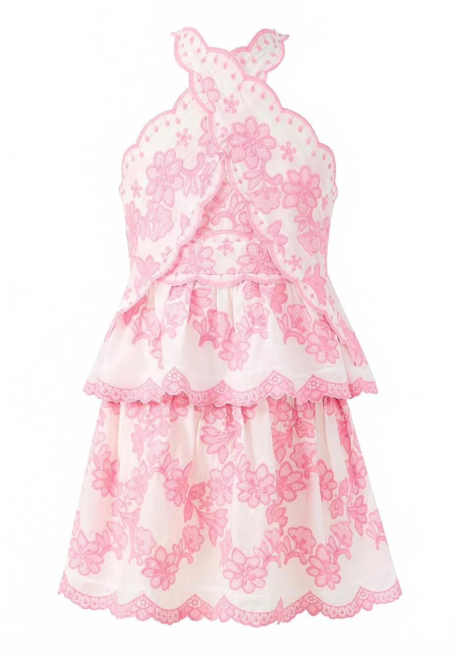 NEW MARLO kid's josie embroidered halter neck mini dress in bubblegum pink